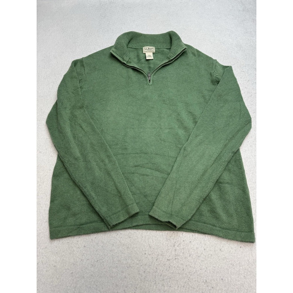 LL Bean Sweater Mens Medium Green 100% Cotton Quarter Zip Mock Neck Pullover